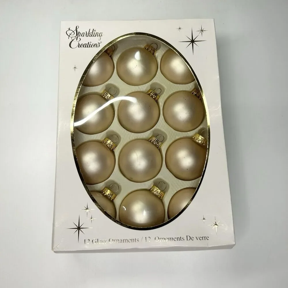 VTG 12ct Sparkling Creations Gold Cream Glass Small Christmas Ornaments 1.75”